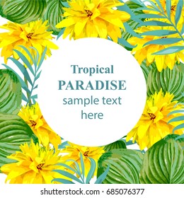 Tropical Paradise vector floral card. Summerl template design with palm leaves and exotic yellow flowers