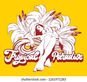 Tropical paradise. Vector hand drawn illustration of pretty lady with lilies and handwritten lettering . Template for card, poster, banner, print for t-shirt, pin, badge, patch.