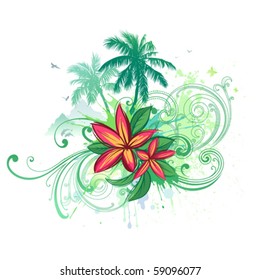 Tropical paradise. Vector palms and plumeria flowers