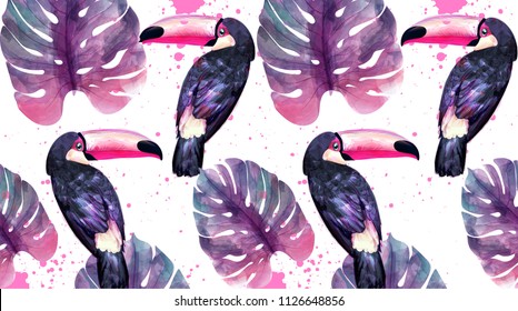 Tropical paradise with watercolor parrots and palm leaves background Vector. ultra violet trendy colors