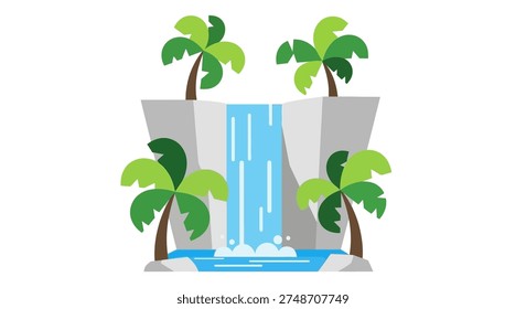 Tropical paradise waterfall cascading between lush green palm trees under bright sunlight with vibrant blue water and serene atmosphere