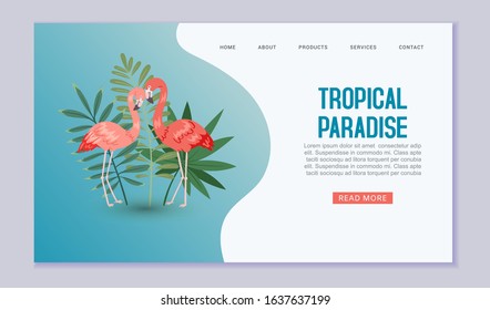 Tropical paradise web banner or vector template illustration. Pink flamigo birds in exotic nature with palm leaves on blue backdrop. Tropical paradise travel and vacation website or landing.