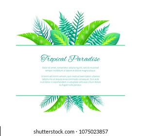 Tropical paradise web poster design with place for text and green leaves, brochure with exotic palm plants in realistic design vector isolated on white