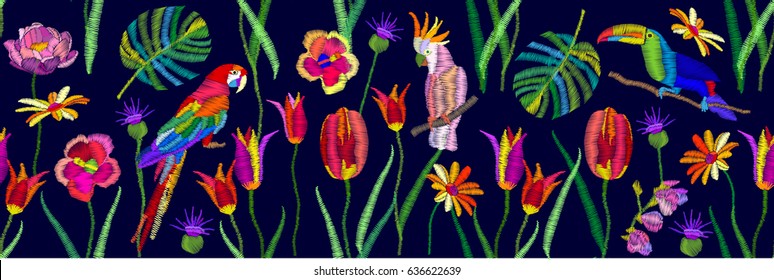 Tropical paradise. Wide panoramic seamless pattern with birds and flowers. Parrots, tulips, palm leaves.