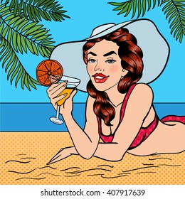 Tropical Paradise. Woman with a Cocktail. Pin Up Girl in a Swimsuit. Pop Art. Vector illustration