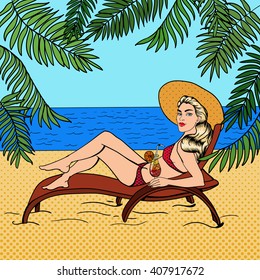 Tropical Paradise. Woman with a Cocktail. Pin Up Girl in a Swimsuit. Pop Art. Vector illustration