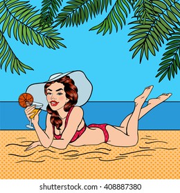 Tropical Paradise. Woman with a Cocktail. Pin Up Girl in a Swimsuit. Pop Art. Vector illustration