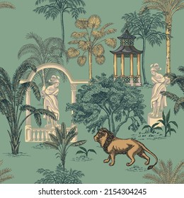 Tropical park ink drawn palm trees,  lion,  statue, arch summer floral seamless pattern.Exotic jungle wallpaper.