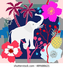 Tropical park. Silk scarf with elephant, palms and flowers. Abstract seamless vector pattern with hand drawn elements. 1950s-1960s motifs. Retro textile design collection. Red, white, pink on blue.