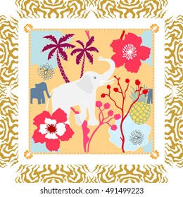 Tropical park. Silk scarf with elephant, palms and flowers, zebra frame. Abstract seamless vector pattern with hand drawn elements. 1950s-1960s motifs. Retro textile design collection. On white.