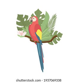 Tropical parrot Ara with  palm and monstera leaves, exotic flower. Exotic colorful bird. Trendy Cartoon Vector illustration. Isolated on white. Good for web and print