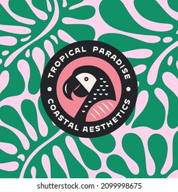 Tropical parrot badge logo design. Exotic macaw parrot emblem illustration. Stylish tropic aesthetics. Jungle bird icon