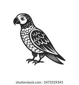 Tropical parrot bird. Black silhouette on a white background. Engraving, tattoo. Illustration