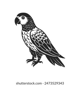 Tropical parrot bird. Black silhouette on a white background. Engraving, tattoo. Illustration