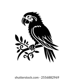 Tropical parrot bird. Black silhouette on a white background. Engraving, tattoo. Illustration
