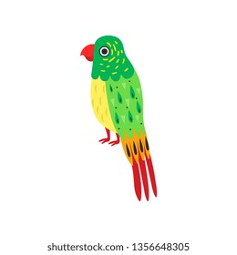 Tropical Parrot Bird with Colored Feathers, Wings and Tail Vector Illustration