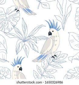 Tropical parrot birds, blue outline palm leaves, white  background. Vector seamless pattern. Jungle illustration. Exotic plants. Summer beach floral design. Paradise nature