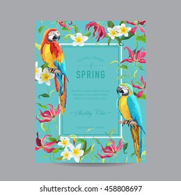 Tropical Parrot Birds and Flowers Colorful Frame - for Invitation, Wedding, Baby Shower Card - in vector 