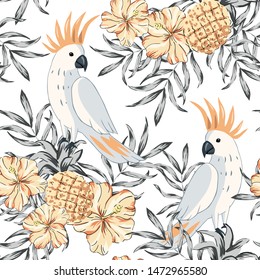 Tropical parrot birds, hibiscus flowers bouquets, pineapples, palm leaves, white  background. Vector seamless pattern. Jungle illustration. Exotic plants. Summer beach floral design. Paradise nature