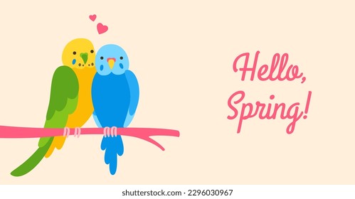 Tropical Parrot cartoon banner. Spring exotic poster, postcard, background template with jungle Hawaiian cute bird. Hand drawn parrots invitation flyer, card, postcard mockup, advertising illustration