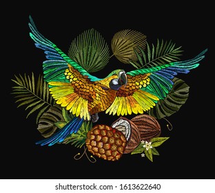 Tropical parrot, coconut and pineapple. Macaws. Jungle paradise art. Fashionable template for design of clothes, textiles 