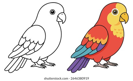 Tropical Parrot Coloring Page with Colored Version – Fun Cartoon Bird Illustration for Kids