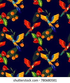 Tropical parrot and flowers in junglee seamless pattern background.