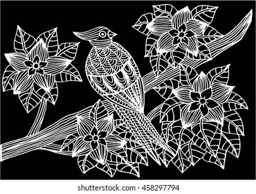 Tropical parrot, flowers and leaves. Page of coloring book for adults and children, art therapy. Outline drawing, doodles. Vector illustration