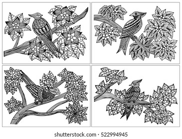 Tropical parrot, flowers and leaves. Page of coloring book for adults and children, art therapy. Outline drawing, doodles. Vector illustration