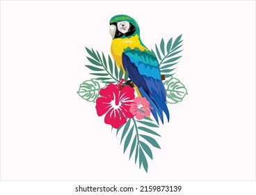 tropical parrot and hibiscus flower and palm leafs exotic bird stationery,mug,t shirt,phone case fashion slogan  style spring summer sticker and etc  motivarion inspiration inspire positive bright 