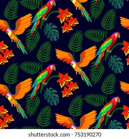 Tropical parrot in jungle seamless pattern background.