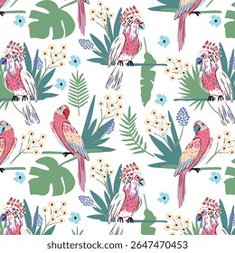 
Tropical Parrot Pattern with Exotic Leaves and Flowers Perfect for Fabric, Textile, Wrapping, or Wallpaper