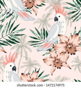 Tropical parrot, pink orchid flowers, palm leaves bouquets, trees background. Vector seamless pattern. Jungle illustration. Exotic plants, birds. Summer floral design. Paradise nature