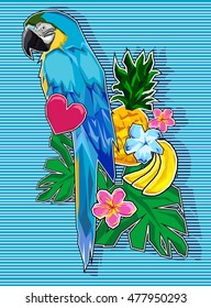 Tropical parrot print, vector illustration bird Macaw parrot vector, design prints trend, parrot on a blue background, applique design