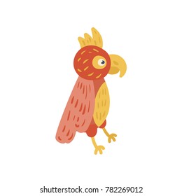 Tropical parrot with red and yellow feathers. Cartoon character of exotic bird. Zoo concept. Flat vector design for children book, poster or print