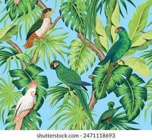 Tropical parrots, bird, green palm leaves floral seamless pattern blue background. Exotic jungle wallpaper.