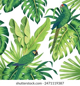 Tropical parrots, bird, green palm leaves floral seamless pattern white background. Exotic jungle wallpaper.	