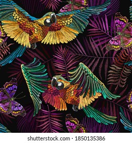 Perros tropicales, mariposas y hojas de palma. Bordados. Patrón sin foco. Maullidos. Arte del paraíso de la jungla. Plantilla de moda para el diseño de ropa, textiles