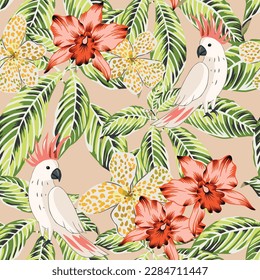 Tropical parrots, green palm leaves, canna, orchid flowers, beige background. Seamless pattern. Vector illustration. Summer beach floral design. Exotic plants and birds. Paradise nature