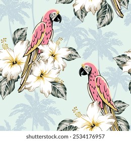 Loros tropicales, siluetas de palmeras, flores de hibisco, hojas, fondo claro. Patrón sin fisuras de Vector. Ilustración floral. Plantas exóticas, pájaros. Diseño de playa de verano. Naturaleza del paraíso