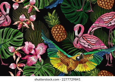 Perros tropicales, flamencos rosados, orquídeas, piñas y hojas de palma, patrón sin fisuras. Bordados. Fondo del paraíso de la jungla. Maullidos. Plantilla de moda para el diseño de ropa