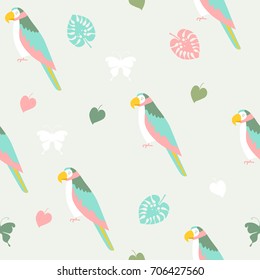 Tropical parrots seamless pattern. Cute illustration in light pastel colors.