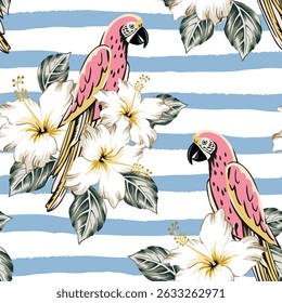 Tropical parrots, yellow hibiscus flowers, leaves, striped blue and white background. Vector seamless pattern. Floral illustration. Exotic plants, birds. Summer beach design. Paradise nature