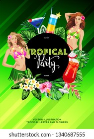 Tropical party invitation with hawaiian girls, summer cocktails, palm leaves and exotic flowers. Round frame. Template design. Vector illustration.