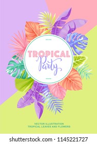 Tropical party invitation with palm leaves. Round frame. Vector illustration.