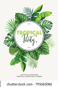 Tropical Party Invitation With Palm Leaves. Round Frame. Vector Illustration.