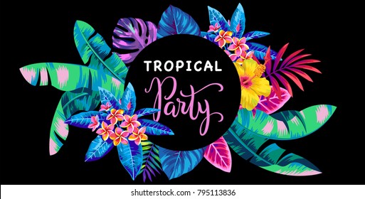 Tropical party invitation with palm leaves and exotic flowers. Round frame. Vector illustration.