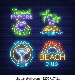 Tropical party neon sign set. Coconut drink, cocktail, island, palms and sunset on brick wall background. Vector illustration in neon style for topics like vacation, resort, beach club