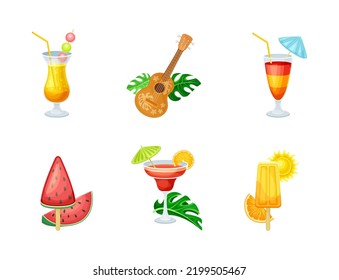 Tropical Party Object with Refreshing Cocktail in Glass, Hawaiian Guitar and Ice Cream Vector Set