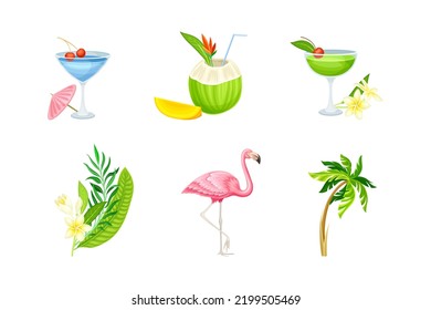 Tropical Party Object with Refreshing Cocktail in Glass, Pink Flamingo and Palm Tree Vector Set